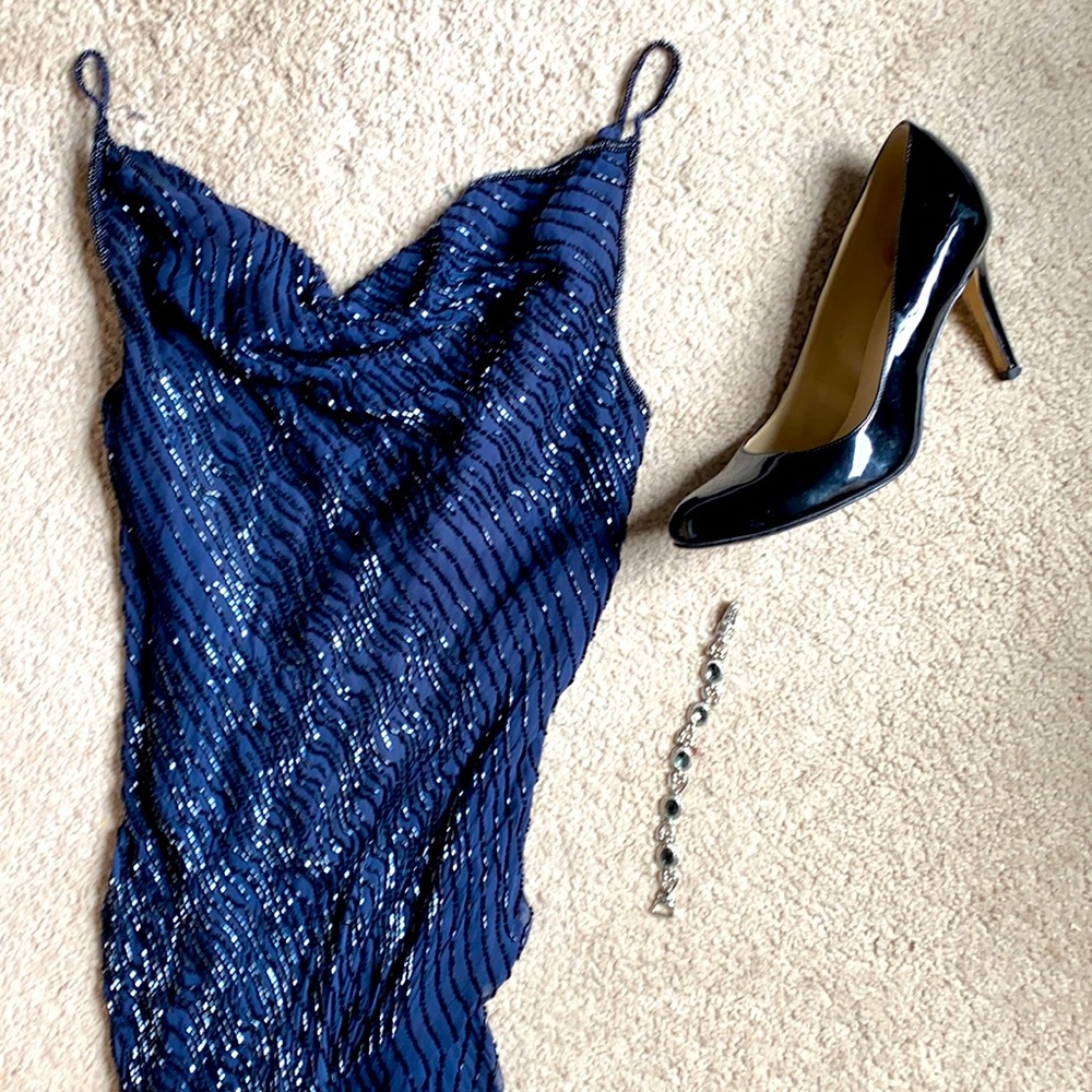 Blue beaded gown MOB silk 61” lined diagonal S